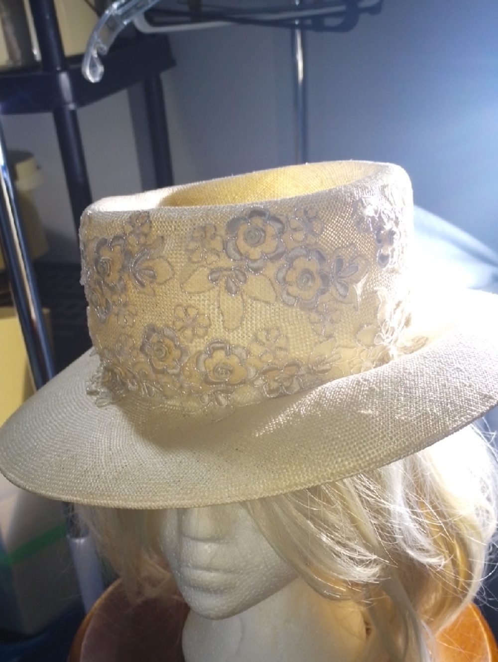 Louise Green Cream Straw Boater Hat with Floral Lace Trim